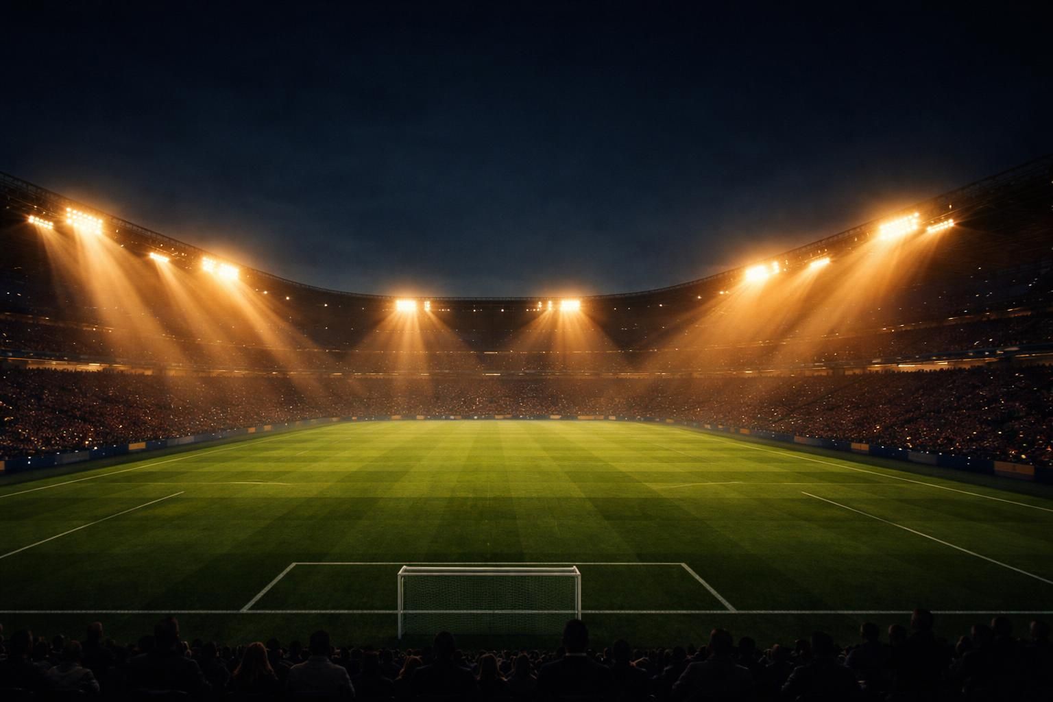 Stadium at night with amber floodlights